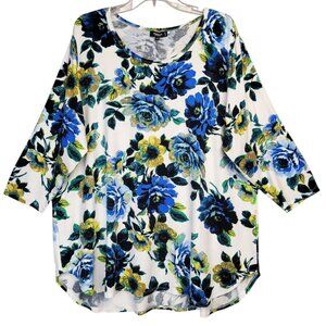 Premise Studio Top Women 3X Blue Floral 3/4 Sleeve Stretch Comfy Viscose Casual